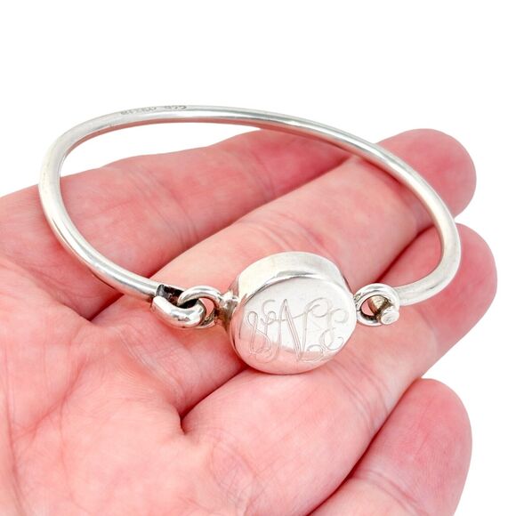 Vintage Mexico Sterling Silver 925 Monogrammed Hook Bangle 6.5” - Picture 1 of 8
